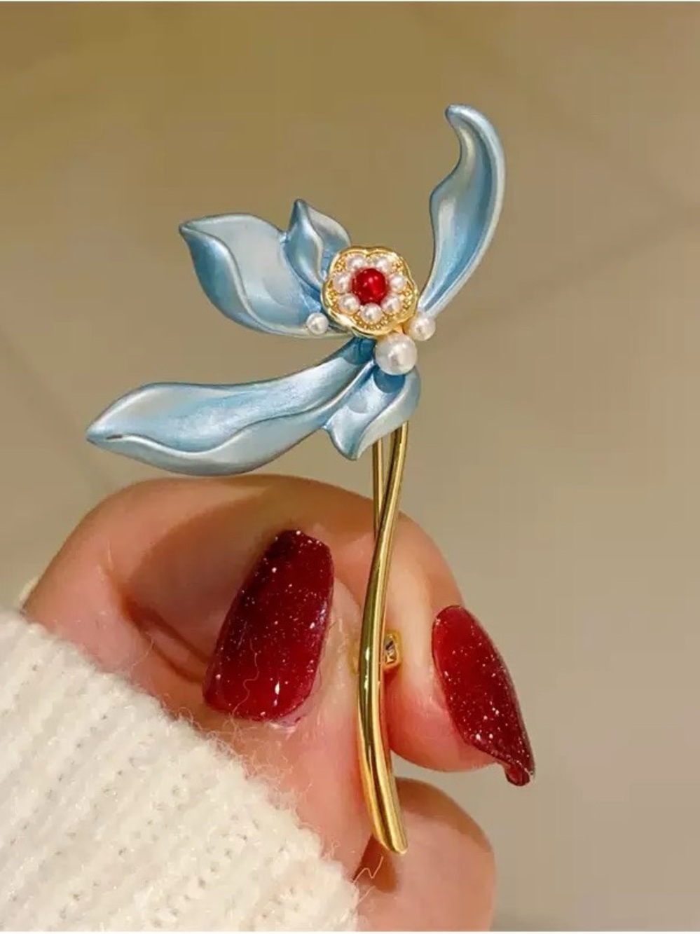Blue Enamel Floral Brooch with Gold Stem and Red Center
